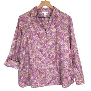 J. JILL 100% Cotton Paisley Popover Shirt Women's Sz S Purple Half Button L/S